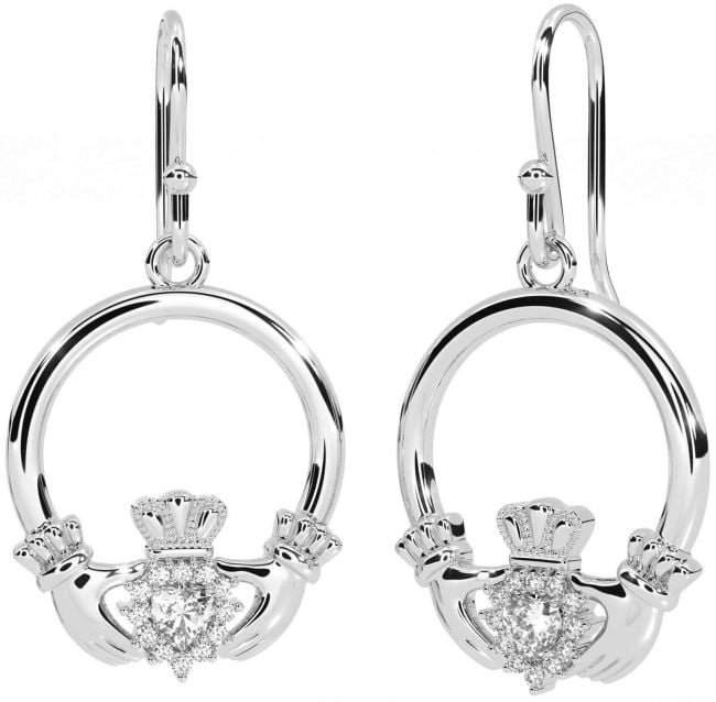 Diamond Silver Claddagh Dangle Earrings