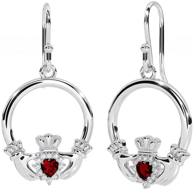 Diamond Garnet Silver Claddagh Dangle Earrings