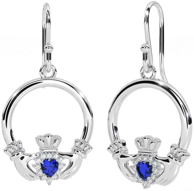 Diamond Sapphire Silver Claddagh Dangle Earrings