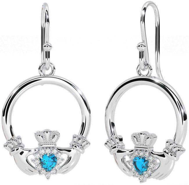 Diamond Topaz Silver Claddagh Dangle Earrings