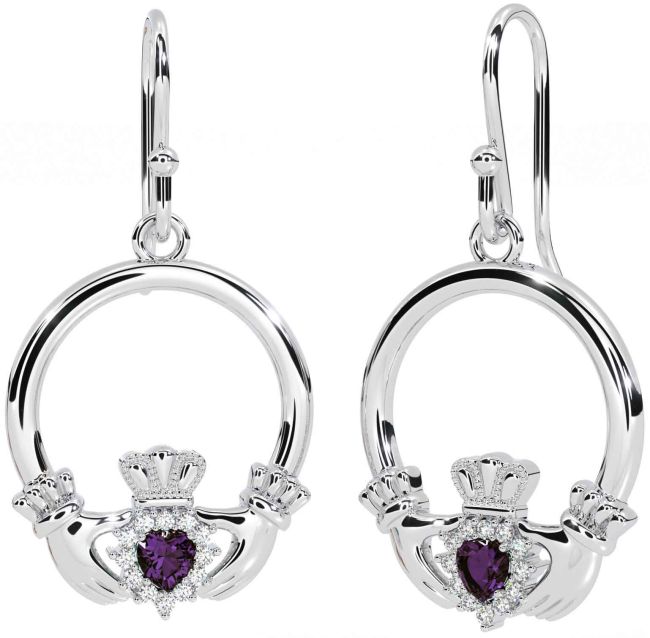Diamond Alexandrite White Gold Claddagh Dangle Earrings