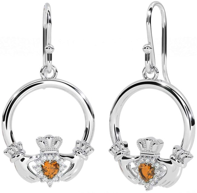 Diamond Citrine White Gold Claddagh Dangle Earrings