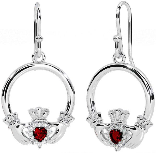 Diamond Garnet White Gold Claddagh Dangle Earrings