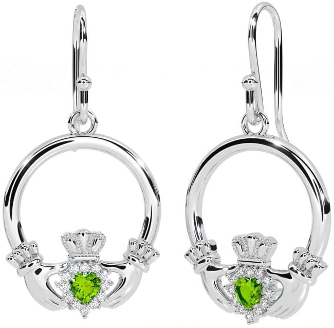 Diamond Peridot White Gold Claddagh Dangle Earrings