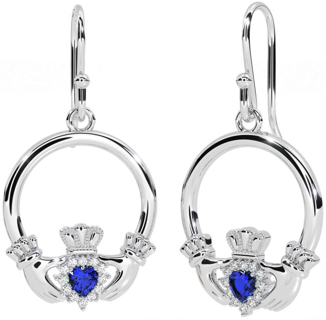 Diamond Sapphire White Gold Claddagh Dangle Earrings