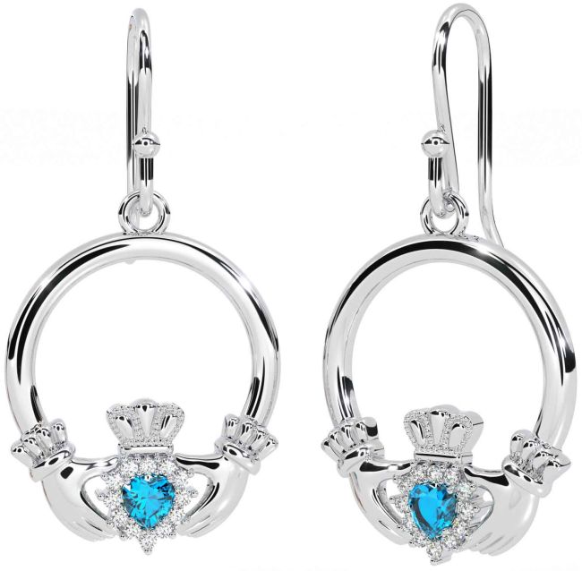 Diamond Topaz White Gold Claddagh Dangle Earrings