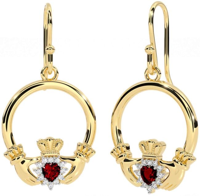 Diamond Garnet Gold Claddagh Dangle Earrings