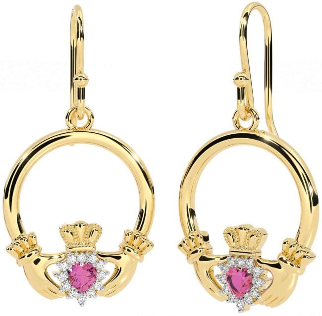 Diamond Pink Tourmaline Gold Claddagh Dangle Earrings