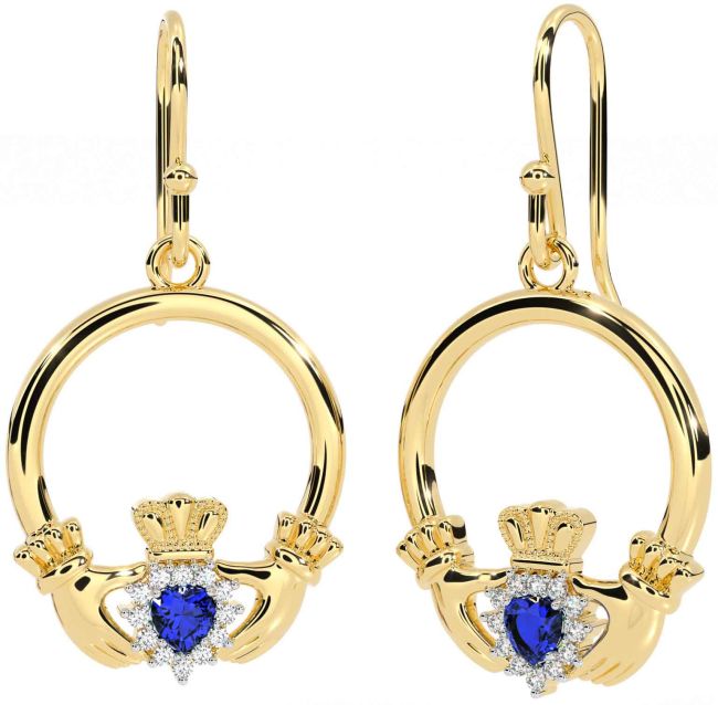 Diamond Sapphire Gold Claddagh Dangle Earrings
