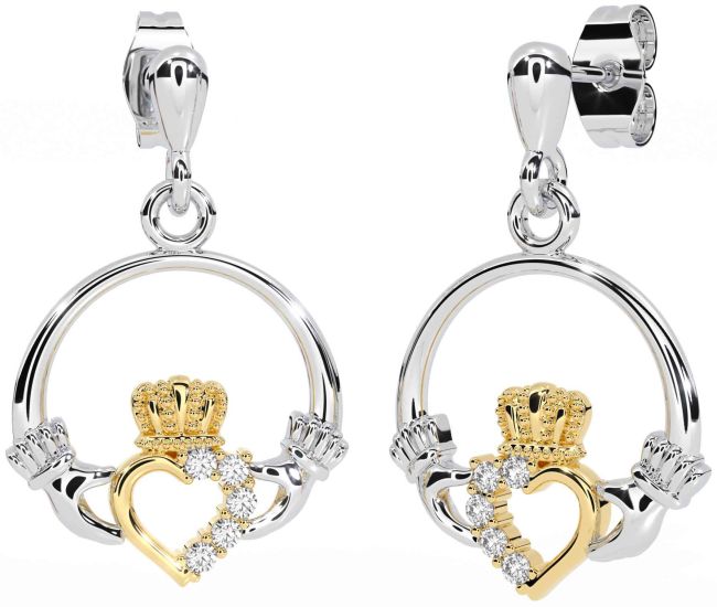 Diamond Gold Silver Claddagh Dangle Earrings