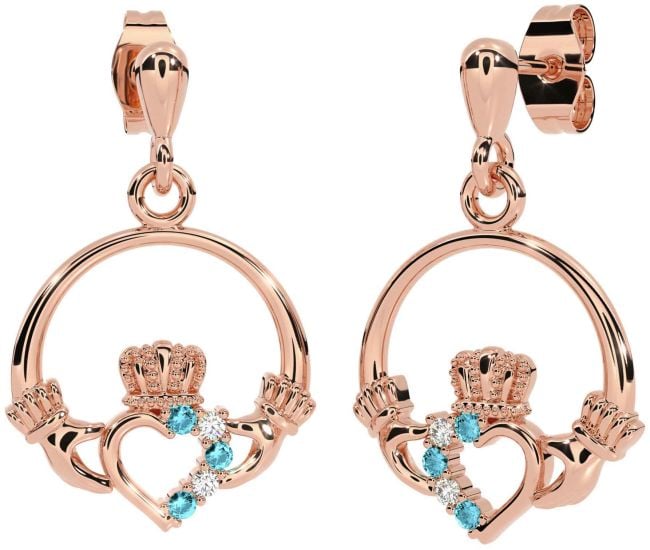 Diamond Aquamarine Rose Gold Silver Claddagh Dangle Earrings