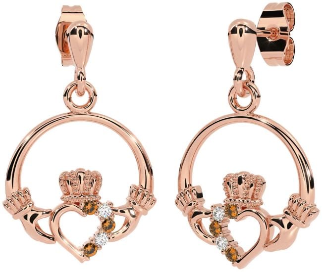 Diamond Citrine Rose Gold Silver Claddagh Dangle Earrings