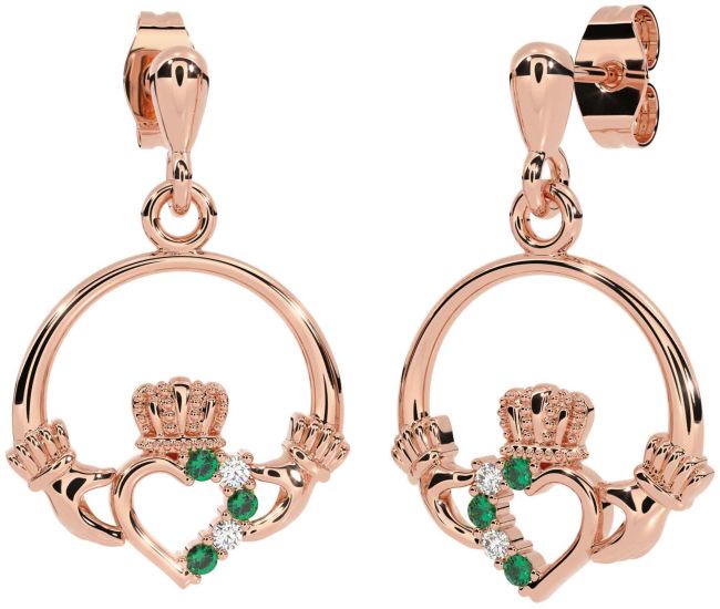 Diamond Emerald Rose Gold Silver Claddagh Dangle Earrings