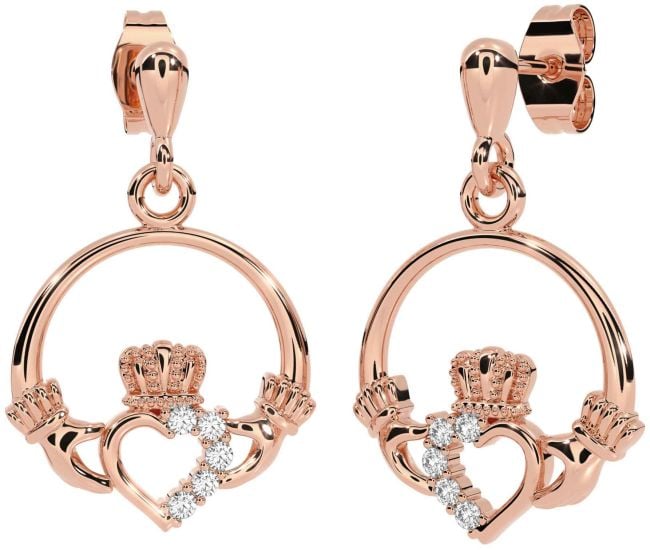 Diamond Rose Gold Claddagh Dangle Earrings