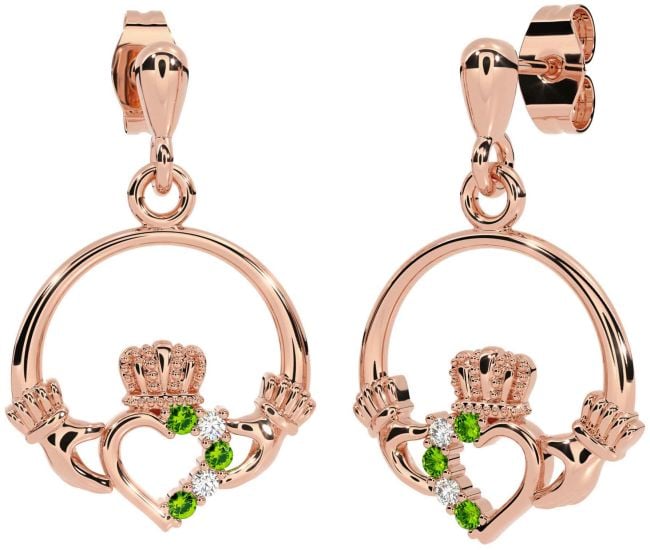 Diamond Peridot Rose Gold Claddagh Dangle Earrings