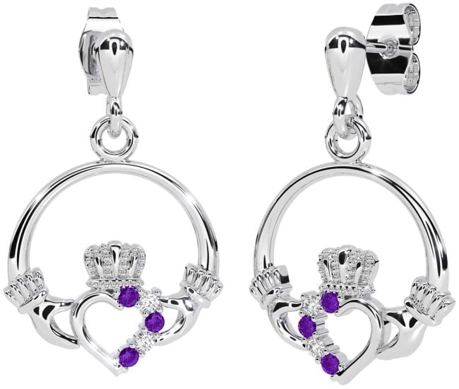 Diamond Amethyst Silver Claddagh Dangle Earrings