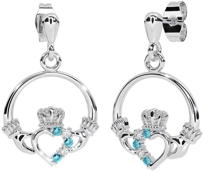 Diamond Aquamarine Silver Claddagh Dangle Earrings