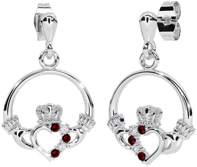 Diamond Garnet Silver Claddagh Dangle Earrings