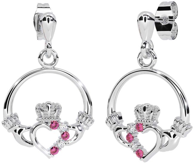 Diamond Pink Tourmaline Silver Claddagh Dangle Earrings