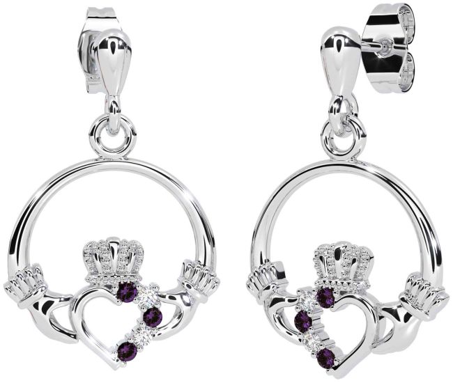 Diamond Alexandrite White Gold Claddagh Dangle Earrings