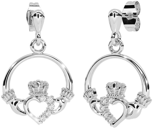 Diamond White Gold Claddagh Dangle Earrings