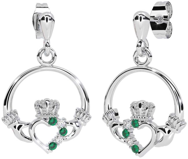 Diamond Emerald White Gold Claddagh Dangle Earrings