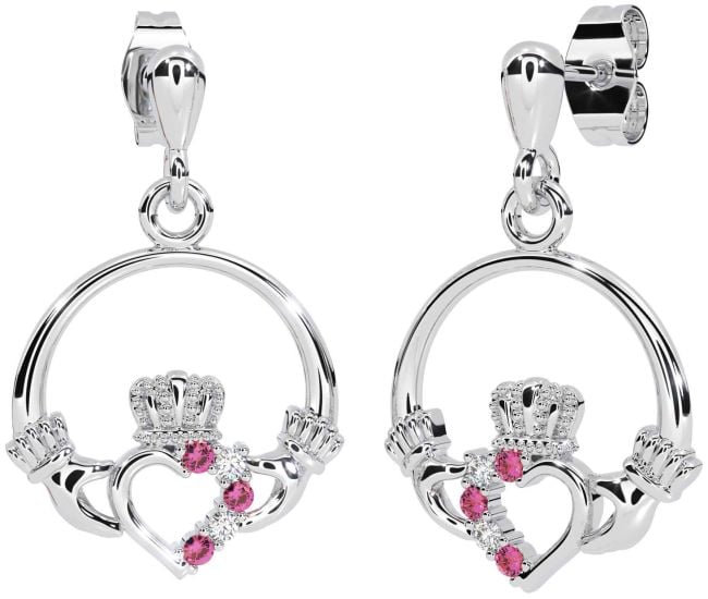 Diamond Pink Tourmaline White Gold Claddagh Dangle Earrings