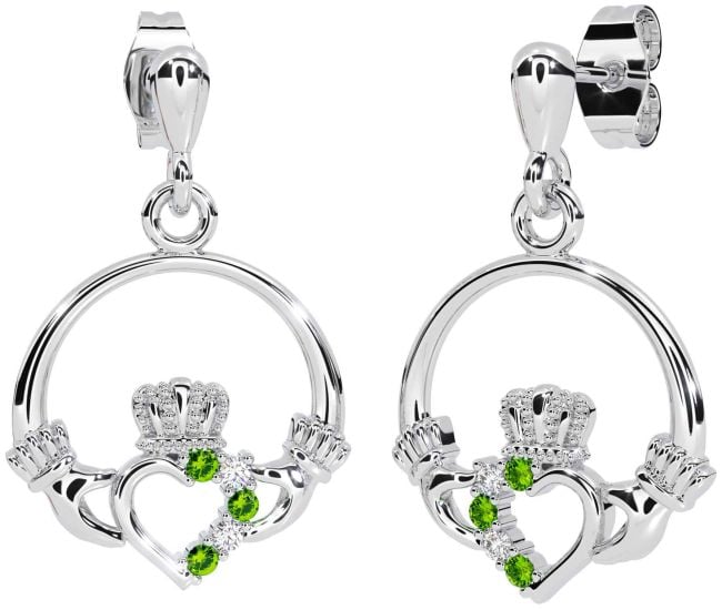 Diamond Peridot White Gold Claddagh Dangle Earrings