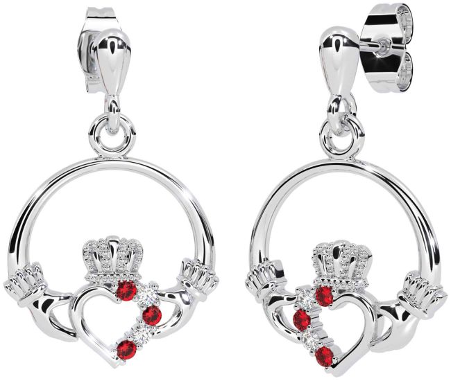 Diamond Ruby White Gold Claddagh Dangle Earrings