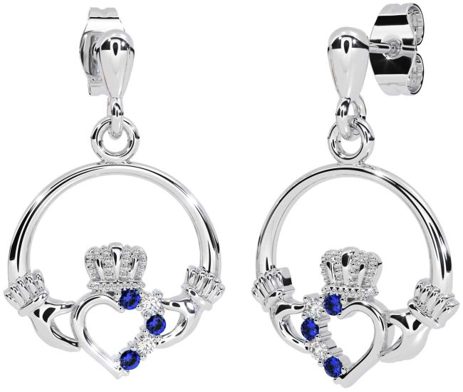 Diamond Sapphire White Gold Claddagh Dangle Earrings