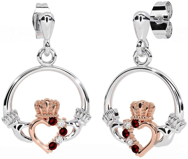 Diamante Granate Blanco Rosa Oro Claddagh Colgar Pendientes