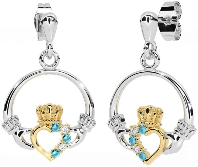 Diamond Aquamarine White Yellow Gold Claddagh Dangle Earrings