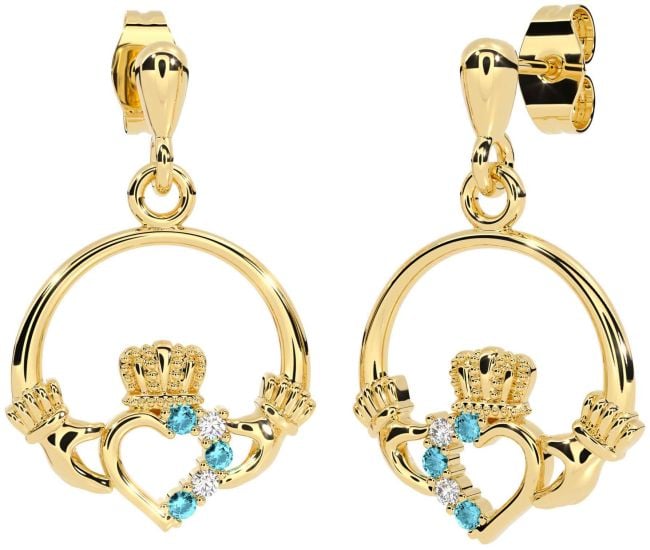 Diamond Aquamarine Gold Claddagh Dangle Earrings