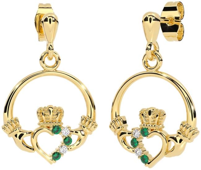 Diamond Emerald Gold Claddagh Dangle Earrings