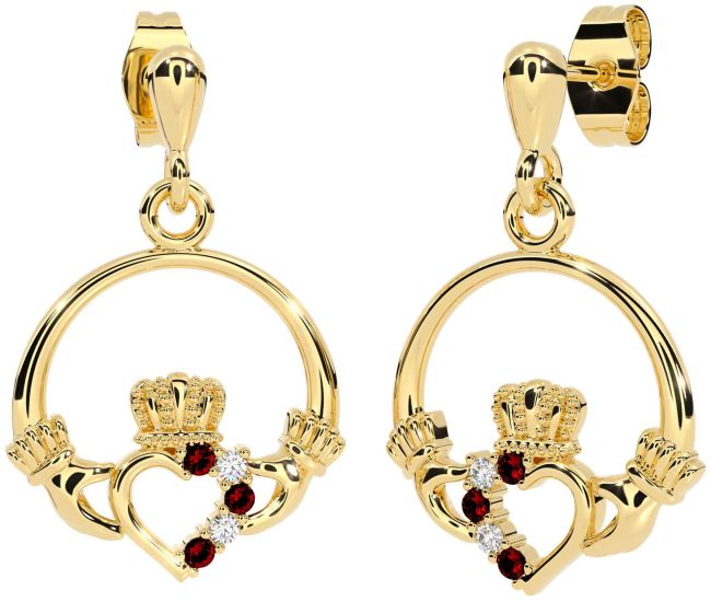 Diamond Garnet Gold Claddagh Dangle Earrings