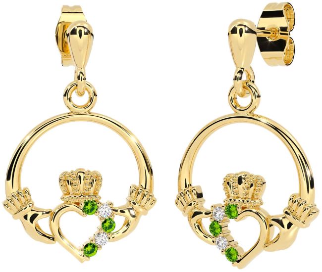 Diamond Peridot Gold Claddagh Dangle Earrings