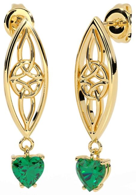 Emerald Gold Silver Celtic Dangle Earrings