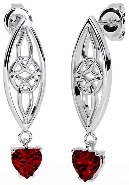 Garnet White Gold Celtic Dangle Earrings