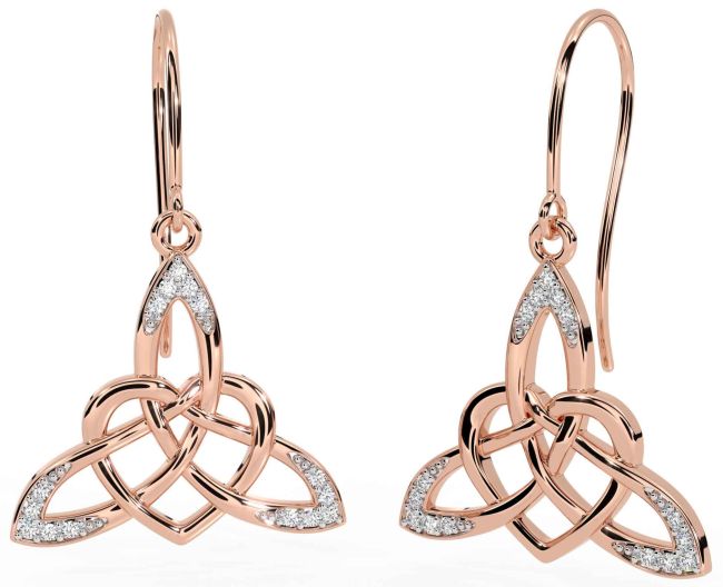 Diamond Rose Gold Silver Celtic Trinity Knot Heart Dangle Earrings