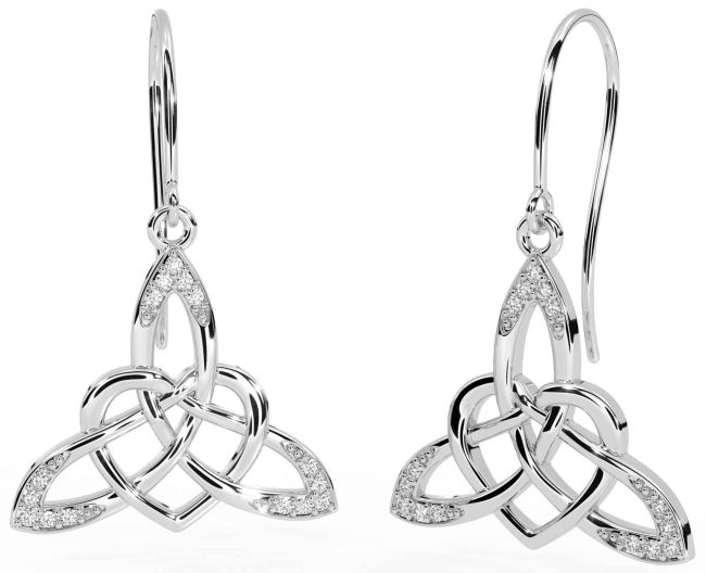 Diamond White Gold Celtic Trinity Knot Heart Dangle Earrings