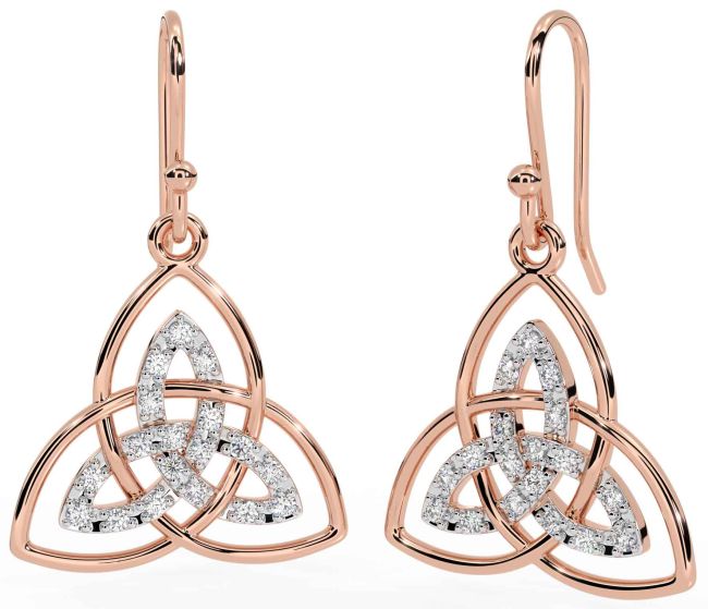 Diamond Rose Gold Silver Celtic Trinity Knot Dangle Earrings