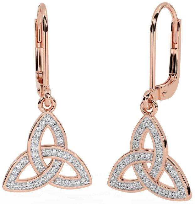 Diamond Rose Gold Silver Celtic Trinity Knot Dangle Earrings