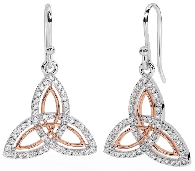 Diamond White Rose Gold Celtic Trinity Knot Dangle Earrings