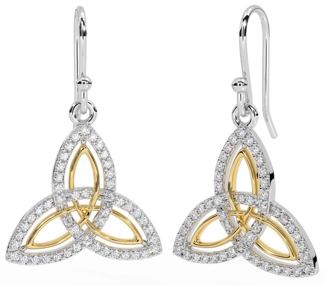 Diamond White Yellow Gold Celtic Trinity Knot Dangle Earrings
