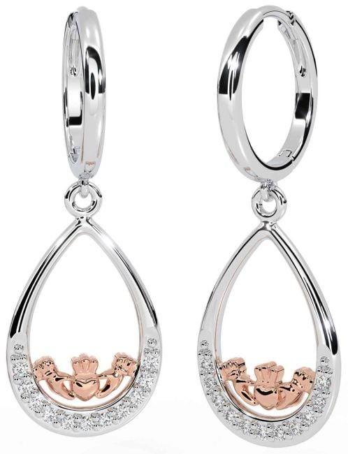 Diamond Rose Gold Silver Claddagh Dangle Earrings