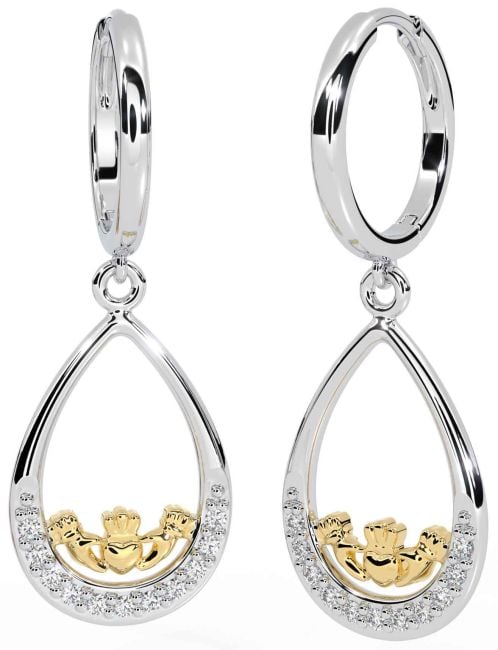 Diamond Gold Silver Claddagh Dangle Earrings