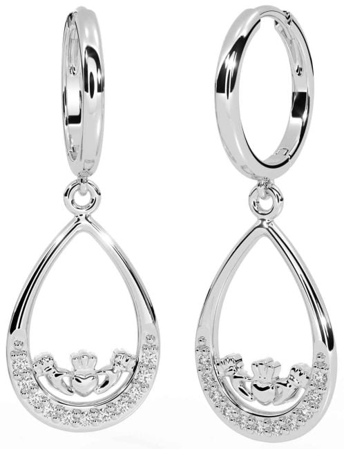 Diamond White Gold Claddagh Dangle Earrings