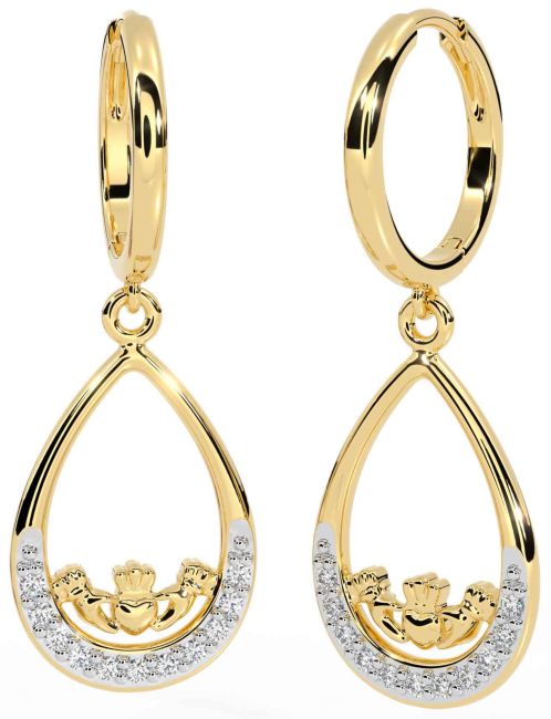 Diamond Gold Claddagh Dangle Earrings