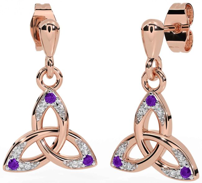 Diamond Amethyst Rose Gold Silver Celtic Trinity Knot Dangle Earrings
