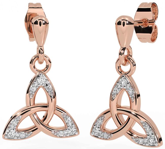 Diamond Rose Gold Silver Celtic Trinity Knot Dangle Earrings